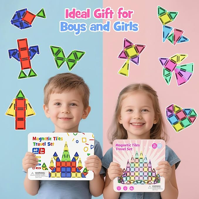 Travel Magnetic Tiles Building Set 60 PCS Transparent 3D Magnetic Blocks with Construction Board STEM Educational Building Toys for Boys & Girls Ages 3-12