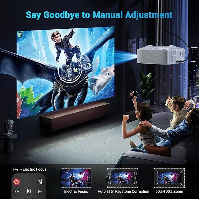 Portable Mini Projector with Electric Focus, NICPOW Full HD 1080P Projector, Bluetooth Movie Projector with Auto Keystone, Two-Way Bluetooth, Ideal for Indoor Outdoor Use, White