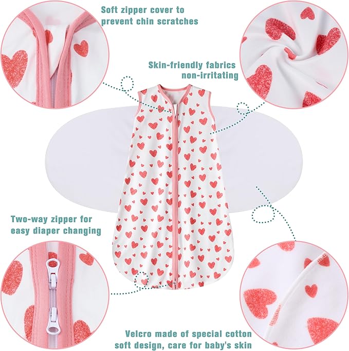 Newborn Sleep Sack Baby Swaddle,Swaddle me 0-3 Month,3-Way Adjustable Wearable Blanket,100% Rayon Cotton Swaddling Sleeping Bag，TOG 0.5 (Love, 0-3 Months)