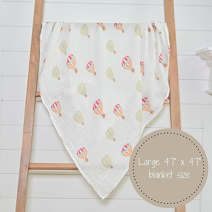 LollyBanks Baby Swaddle Blanket, 100% Cotton Muslin Blankets for Boys and Girls, 47 x 47 Inches Soft and Breathable Newborn Swaddle, Gentle Baby Wrap Swaddle, Registry (Hot Air Balloons Print)