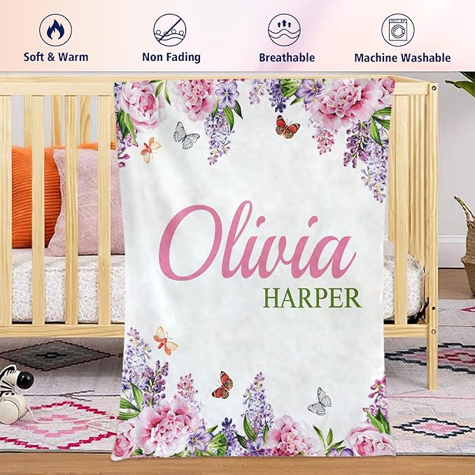 EVER2000 Personalized Baby Blanket for Girls, Custom Floral Baby Blanket with Name, Soft & Fuzzy Newborn Receiving Blankets for Toddler, Customized Baby Gifts for Birthday Baby Shower