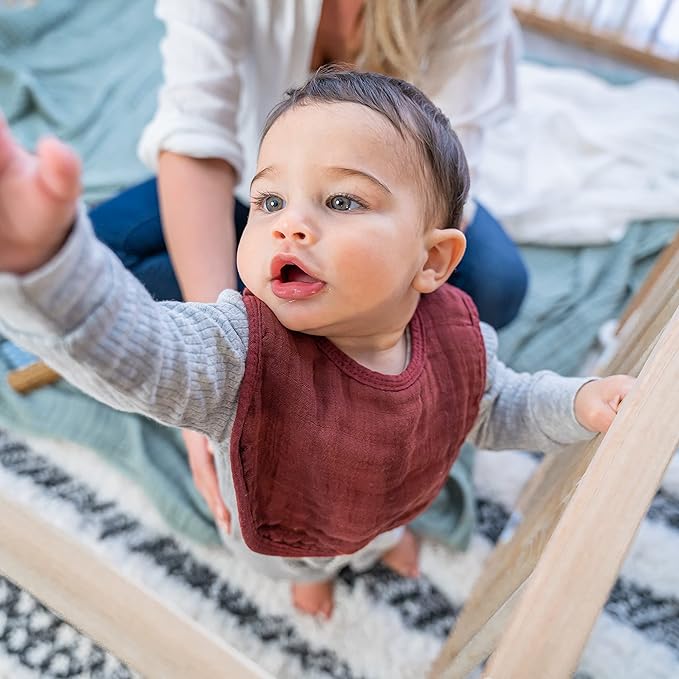 Comfy Cubs Muslin Bibs for Babies, Pack of 8 - Soft and Highly Absorbent, Feeding, Drool and Teething Bib, Adjustable Snaps - Stylish & Colorful Unisex Designs, Giftable Set - Wine