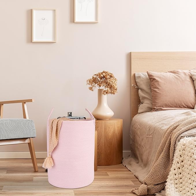 Cotton Rope Laundry Basket Hamper for Clothes Woven Storage Basket for Living Room Bedroom Boho Tall Rope Baskets for Blanket Toys Pillow Towels Baby Nursery Hamper Bin Large light pink