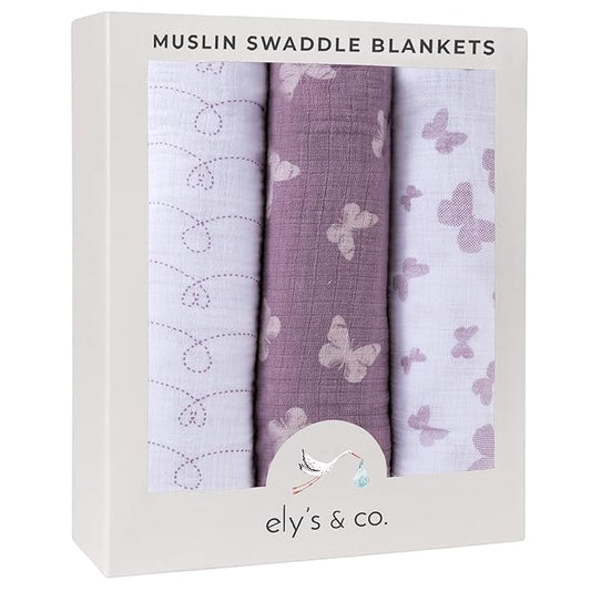 Ely's & Co. Muslin Swaddle Blankets for Baby Girls – 3 Pack, 47" x 47" Lavender Butterfly Design, 100% Soft Muslin Cotton