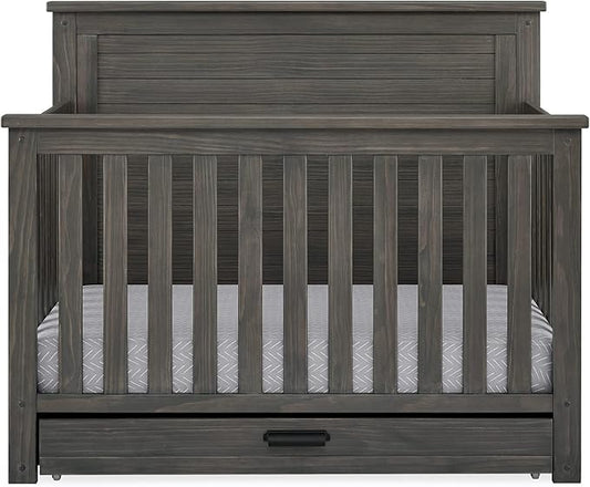 Delta Children Simmons Kids Caden 6-in-1 Convertible Crib with Trundle Drawer, Greenguard Gold Certified, Rustic Grey