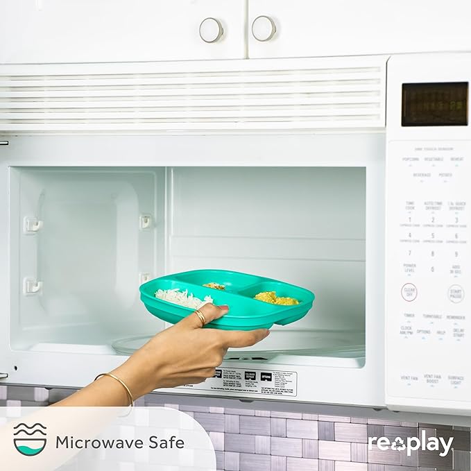 Re-Play Toddler Plates with Dividers - Deep-Walled 3 Compartments Divided Plates for Kids with 3 Lids - Dishwasher & Microwave Safe - Made in USA - Set of 3-7.37" x 7.37" x 1.25" - Monochrome