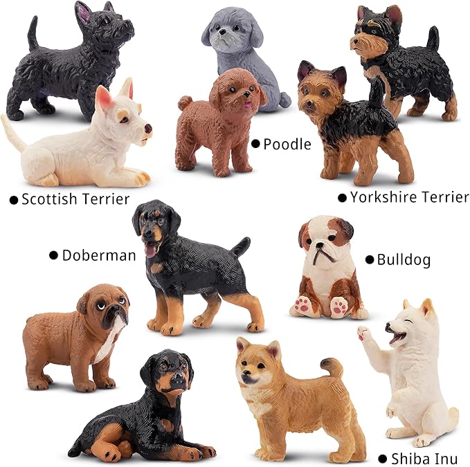 12PCS Dog Figurines, Realistic Plastic Puppy Figurines, Hand Painted Emulational Tiny Dogs Animals Toy, Dog Cake Topper Easter Egg Birthday Gift for Kids and Toddlers