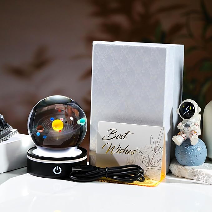 3d Solar System Model Crystal Ball Led Lamp Base - Space Decor World Globe Planets Sphere Night Light 80mm 3.15 Inch - Solar System Decor Best Birthday Astronomy Gifts For Men Physics Science Teacher