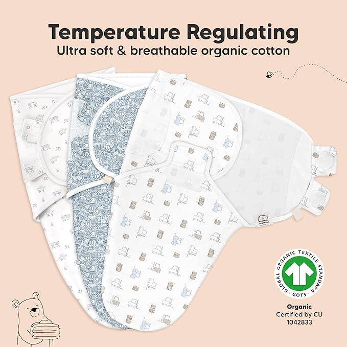 KeaBabies 3-Pack Organic Baby Swaddle Sleep Sacks - Swaddles for Newborns, Infant 0-3 Months, Baby Girls, Boys, Soft & Snug Newborn Sleep Sack, Nursery Swaddling Blankets (Excavation)