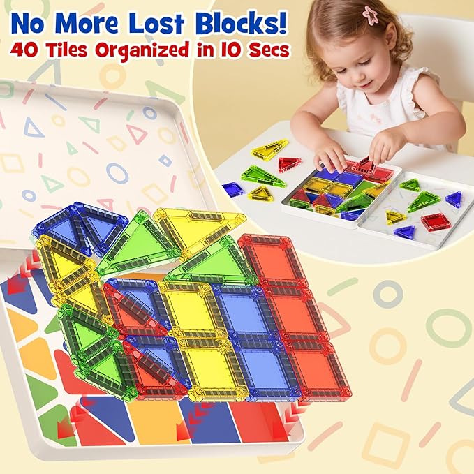 Mini Magnetic Tiles for Kids Travel - 40pcs STEM Building Blocks with Visual Storage Guide & Metal Box Play Base, Toddler Airplane Activities Toys for Ages 3-5,4-8, Compact Travel Toys