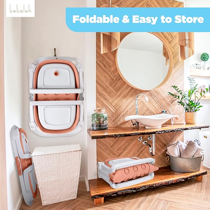 BEBELEH™ Collapsible Baby Bathtub with Thermometer – Bathtub + Baby tub Sling + Newborn Sling – Baby Bathtub Newborn to Toddler 0-24 Months – The Ultimate Baby Bath tub! (with Thermometer,Pink)