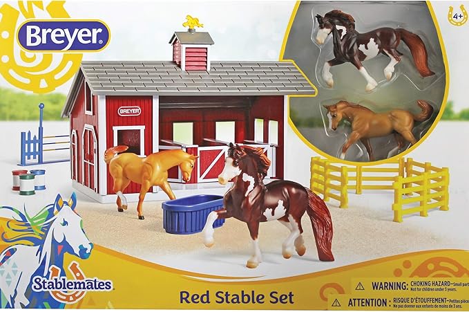 Breyer Stablemates Red Stable Set with 2 Horses – Realistic Horse Toys for Girls Ages 4–8, Barn Playset with Fencing, Barrels & Trough, Creative Gift for Kids, Imaginative Horse Play