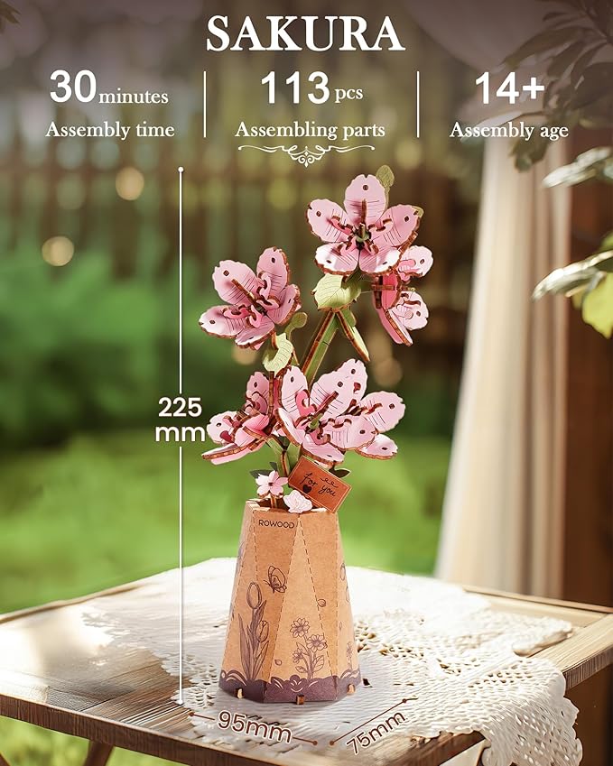 3D Flower Wooden Puzzles for Adults-Sakura, DIY Wooden Flowers Model Kit Building Set Crafts for Adults to Build, Botanical Collection/Ideal Creative Gift Ideas/Housewarming (113PCS)