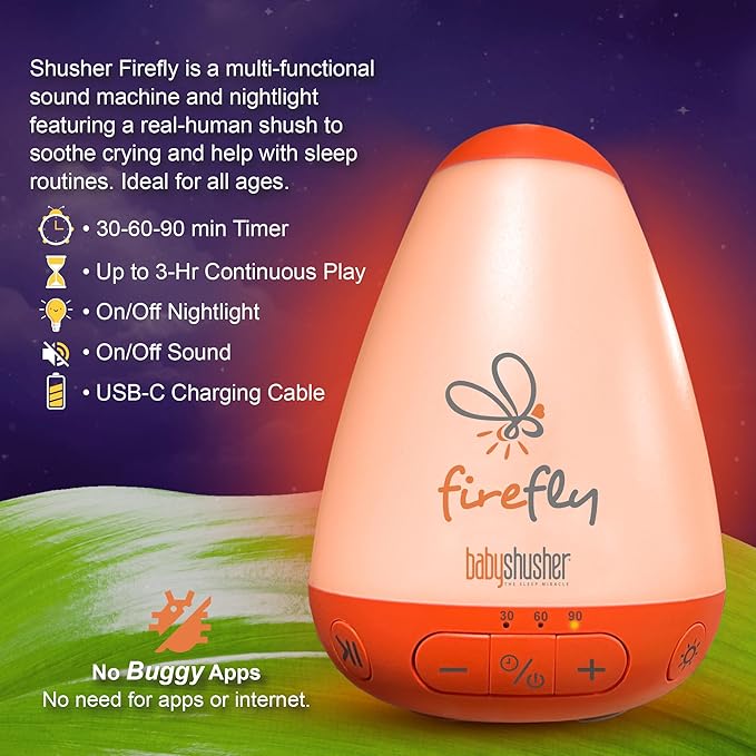 Baby Shusher Firefly Baby Soother for Crying Babies with Nightlight - White Noise Sound Machine, Baby Soother for Sleeping, Newborn Essentials for Crib, USB Rechargeable - 1 Count