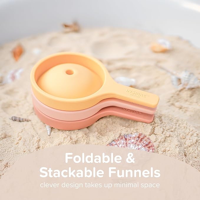 Inspire My Play 3 x Natural Silicone Collapsible Funnels for Kids - Sensory Play Funnel Toys for Kids - Pouring Toys for Toddlers - Food Safe Sensory Bin Tools and Accessories