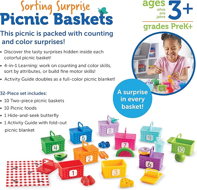 Learning Resources Sorting Surprise Picnic Baskets, Toddler Sorting & Matching Skills Toy, Fine Motor Skills, Preschool Educational Toys, 32 Pieces, Ages 3+