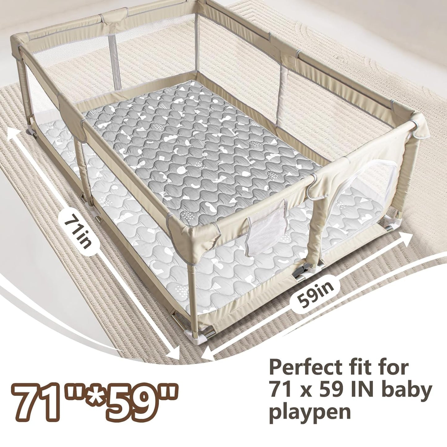 Baby Play Mats for Floor, 71”x59” Upgraded Thickness & Larger Super Soft Playmat for Babies and Toddlers, Foldable Washable, Upgrade Anti-Slip Crawling Mat for Playpen(Boho Gray)