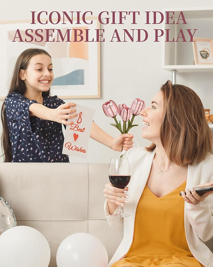 3D Flower Wooden Puzzles for Adults-Pink Tulip, DIY Wooden Flowers Model Kit Building Set Crafts for Adults to Build, Botanical Collection/Ideal Creative Gift Ideas/Housewarming (72PCS)