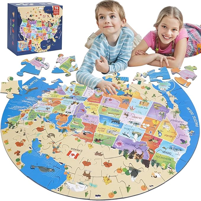 USA Map Puzzle for Kids -70 Piece Round United States Puzzles for Kids Ages 4 and Up, Toddler Puzzle Globe Geography Games Educational Toys Gifts for Boys Girls Childre(United States Map)