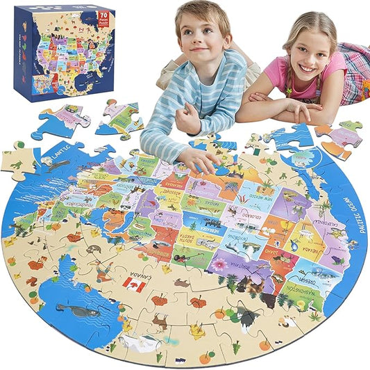 USA Map Puzzle for Kids -70 Piece Round United States Puzzles for Kids Ages 4 and Up, Toddler Puzzle Globe Geography Games Educational Toys Gifts for Boys Girls Childre(United States Map)