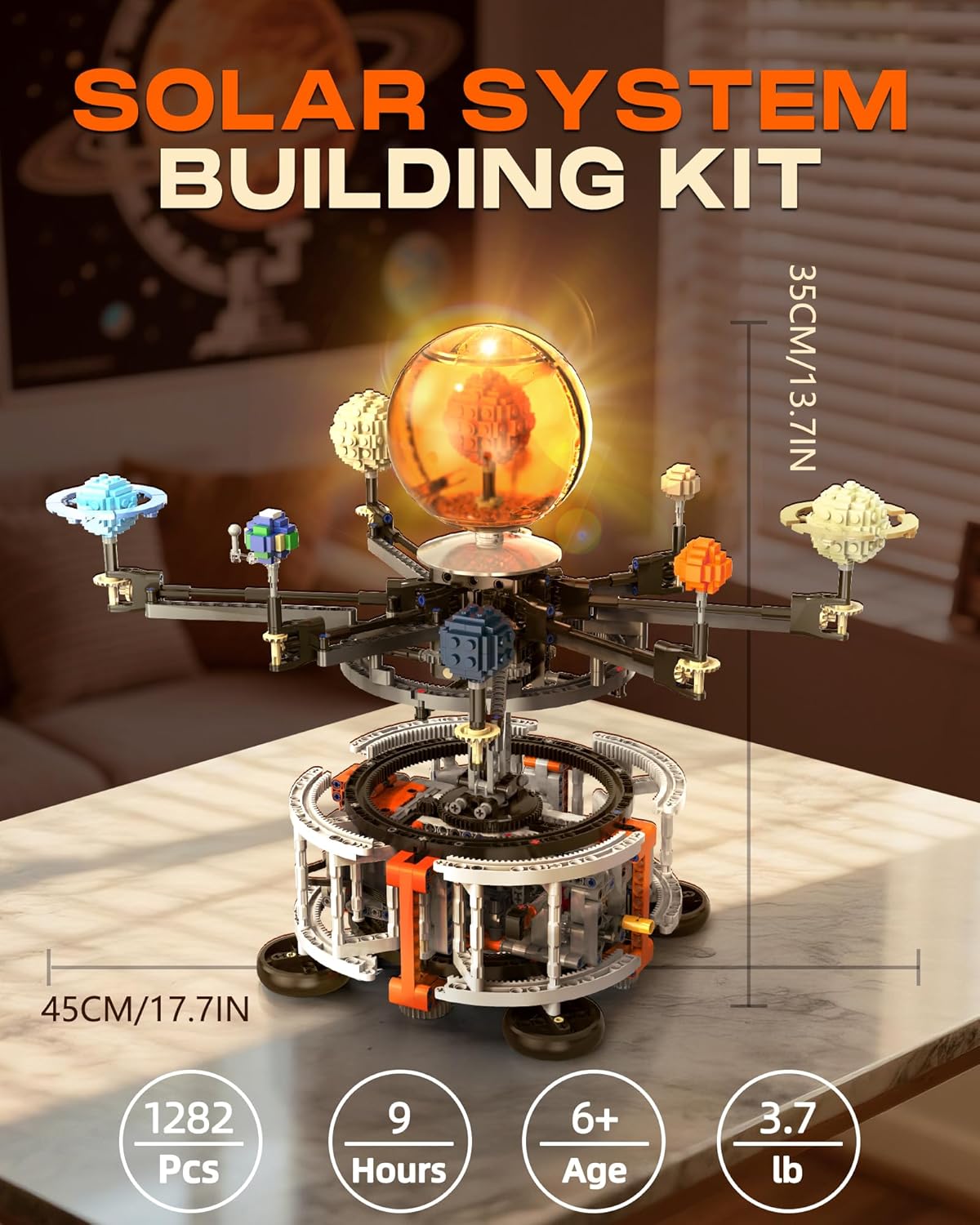 Solar System Building Set for Kids, STEM Toys with Rotatable Handle and Mechanical Gears, Space Toys for Home/School Science Learning, Birthday Gifts for Boys Girls Ages 6-12(1282pcs)