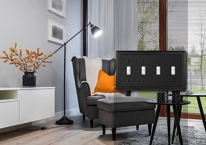 Henne Bery Sunken Pearls Heavy Duty Decorative Wall Plate Switch Plate Outlet Cover (Quad Toggle, Matte Black)