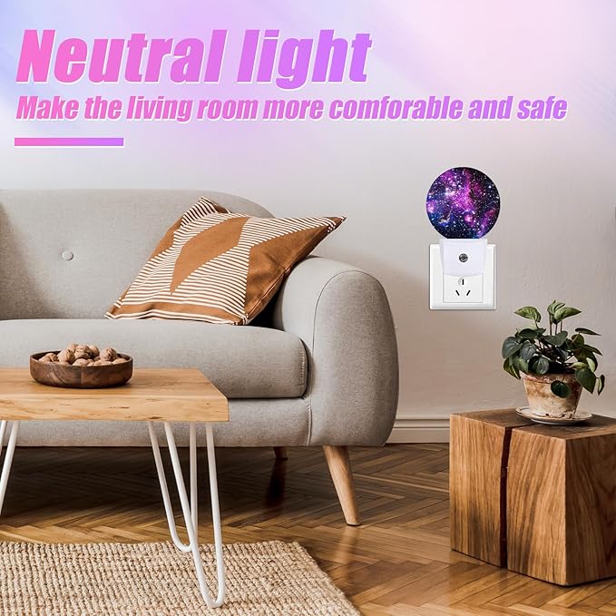 Starry Sky Night Light Purple Galaxy Space Night Lights LED Lamp Round Plug into Wall Nightlight with Dusk to Dawn Sensor Home Hallway Stairway Kitchen Decor