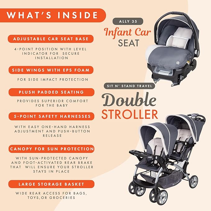 Baby Trend Infant and Toddler Double Stroller & 2 Car Seat Combo, 3 Pc Set, Magnolia - Portable and Lightweight Stroller Duo and Car Seat Travel System Tandem