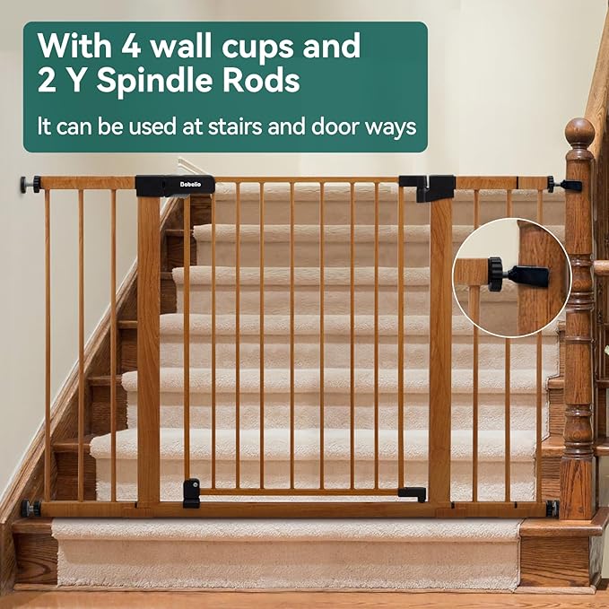 BABELIO 29-48" Metal Baby Gate with Brown Wood Pattern, Auto Close Dog Gate PressGuard P7 for The House, Stairs and Doorways, Pressure Mounted Pet Gate with Door, Safety Gate for Child and Pets