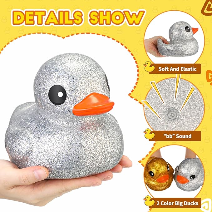 Honoson 2 Pcs 6.89 Inch Giant Glitter Rubber Ducks Big Sparkly Rubber Ducks Jumbo Bathtub Toys with Squeaky Sound for Baby Shower Pool Activity Birthday Gift(Glitter,Gold, Silver)