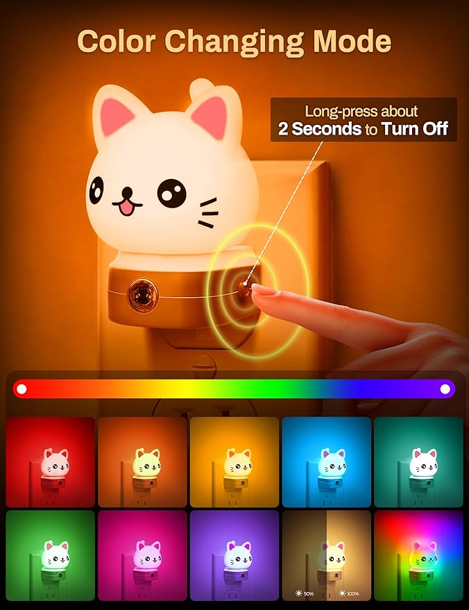 DORESshop Cat Night Lights Plug Into Wall, Cute Night Light for Kids, 8-Color RGB LED Night Light with Dusk to Dawn Sensor, Nightlight for Kids Room, Bathroom, Bedroom Décor, Children Gift