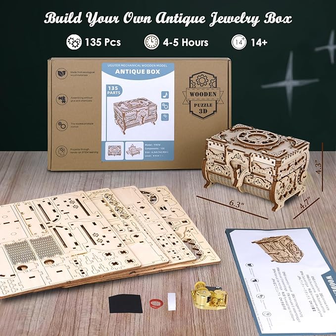 3D Wooden Puzzle for Adults Music Box – DIY Mechanical Treasure Chest with Hidden Compartments, Jewelry Storage & Melody, Decorative for Christmas or Birthday