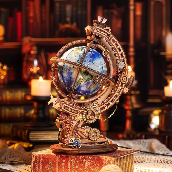 MU Model 3D Wooden Puzzles Rotating World Globes USB Charging Illuminated Craft Work 3D Metal Puzzles for Adult, Models Kits Music Boxes Miniature Building, DIY Set