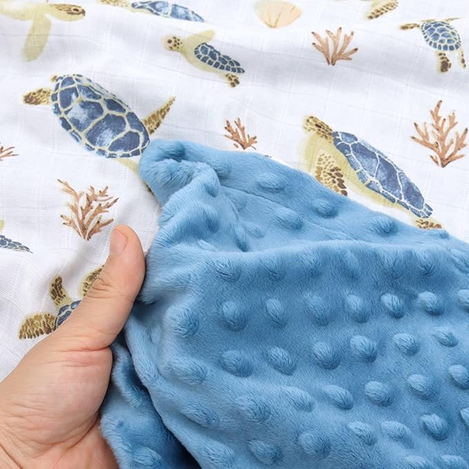 LifeTree Baby Blankets for Boys Girls, Soft Double Layer Swaddle Blankets, Muslin Front and Dotted Fleece Backing Receiving Bed Throw Blanket for Newborn Unisex, 31X40 Inches, Seaturtle