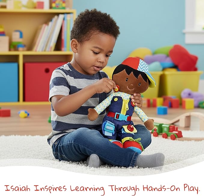 June Garden 15.5" Dressy Friends Isaiah - Educational Stuffed Plush Doll for Kids and Toddlers 2 Years and Up - Montessori Buckle Soft Toy