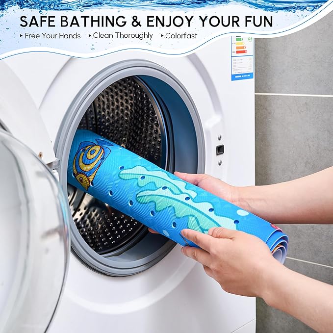 Vannokor Baby Bath Mat for Tub Non Slip Kids, 40 X 16 Inch Extra Long Bathtub Mat with Drain Holes and Suction Cups, Anti Slip Shower Mat Machine Washable, Dolphin