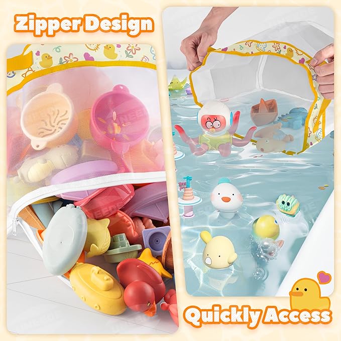 UNEEDE Duck Print Bath Toy Organizer, 4.15 Gallons Bathtub Toy Holder, Quick Dry Mesh Shower Caddy, Yellow Duck Stuff