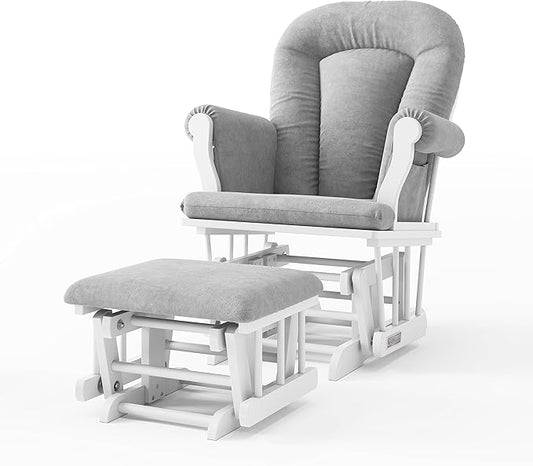 Child Craft Cozy Glider Rocker and Ottoman Set, Padded Cushion with Convenient Storage Pockets, Solid Wood Base & Frame (Matte White with Light Gray Cushion)