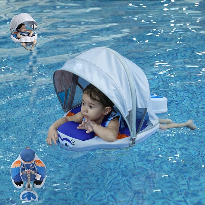 Mambo Baby Floats with Canopy &Tail, Non-Inflatable Baby Swim Float for Pool Add Tail Avoid Flip Swim Trainer Infant Floats for Toddler Boys Girls(B53039WI0009-BB09)