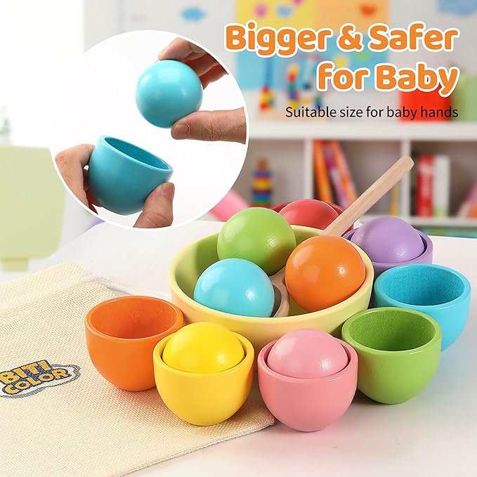 Montessori Larger Ball in Cup Color Sorting Toy for Toddlers Wooden Rainbow Ball Color Matching Toy - 7, 46mm