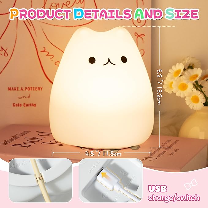 Night Light for Kids, Rechargeable Dimmable Silicone LED Nightlight with 7 Colors, Baby Nursery Night Lamp, Touch Squishy Lamp, Cute Gifts for Girls, Boys, Toddler Room Decor, Cat