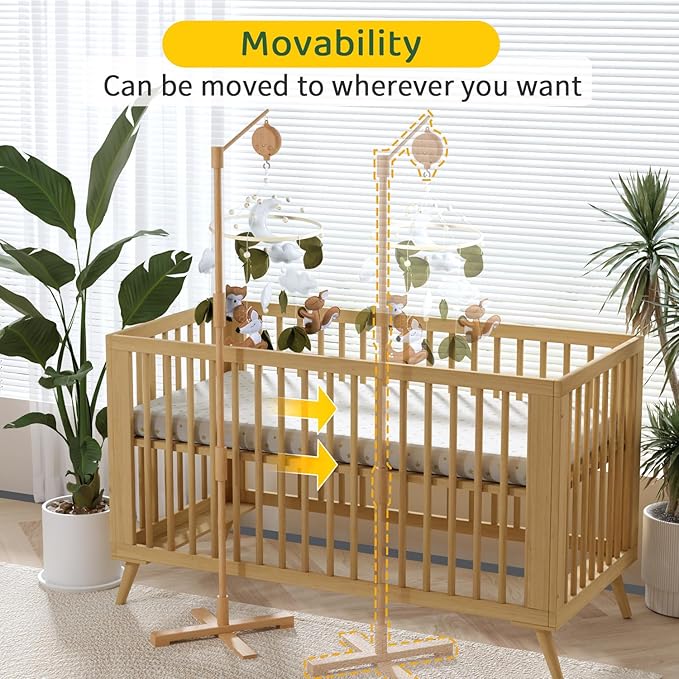 FEISIKE Baby Crib Mobile Arm with Music Box Spin Motor 3In1 Set-Squirrel Baby Mobile for Cirb, 57.4 Inch Mobile Arm for Crib Wooden Nursery Decor Hanger Holder