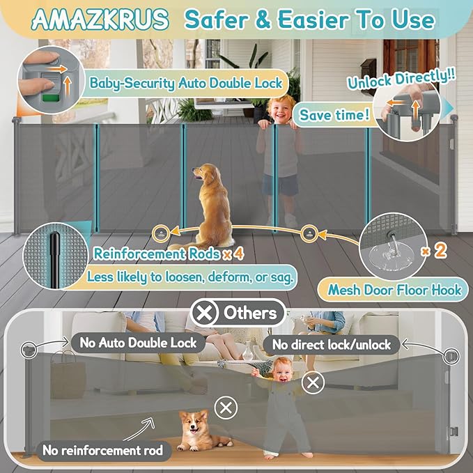160 Inch Retractable Baby Gates Extra Wide, 42 Inch Extra Tall Retractable Gate for Indoor/Outdoor, 13 Foot Reinforced Retractable Dog Gate with Reinforcement Rod for Doorways, Stairs, Garage