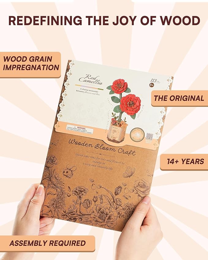 3D Flower Wooden Puzzles for Adults-Red Camellia, DIY Wooden Flowers Model Kit Building Set Crafts for Adults to Build, Botanical Collection/Ideal Creative Gift Ideas/Housewarming (113PCS)