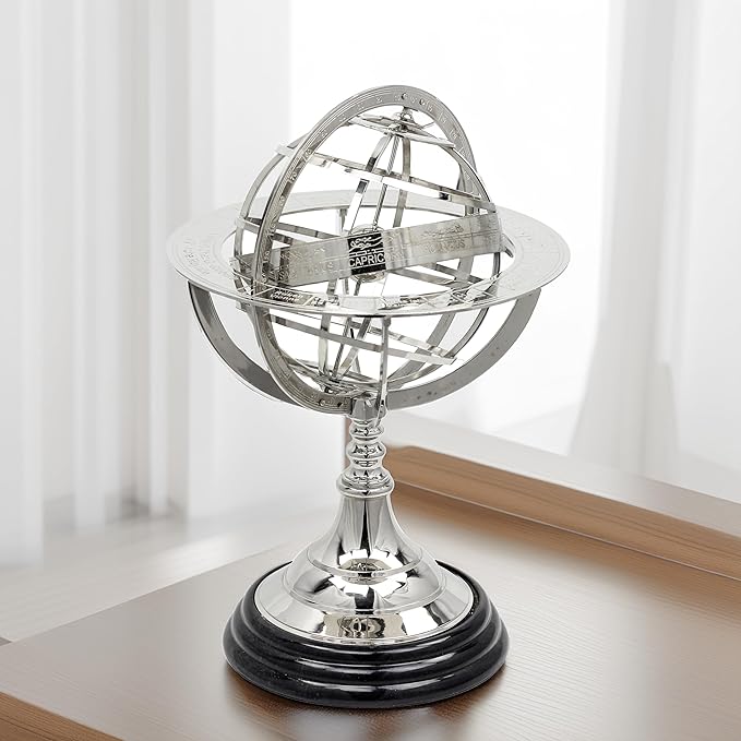 Antique Vintage Zodiac Armillary Brass Sphere Globe Wooden Display | Pirate's Antique Ship Decor | Nagina International (Large, Nickel Plated)