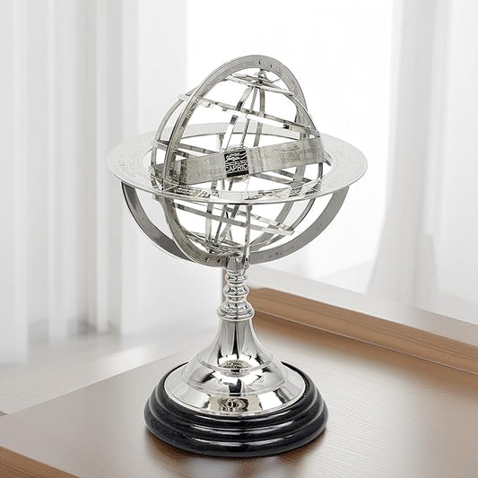 Antique Vintage Zodiac Armillary Brass Sphere Globe Wooden Display | Pirate's Antique Ship Decor | Nagina International (Large, Nickel Plated)