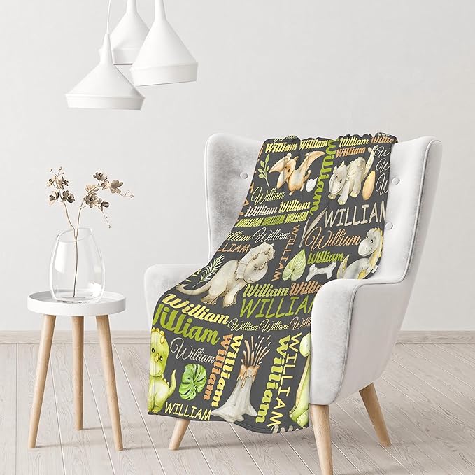 Personalized Baby Blanket for Girls Boys Dinosaur Custom Baby Blanket with Name Swaddle Blanket for Toddlers Infants Kids Shower Newborns Nursery Stroller Crib Decor Throw Birthday Gift