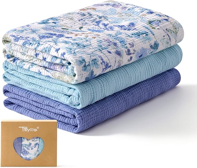 TILLYOU 3 Pack Muslin Swaddles for Newborns Baby Blankets for Girls Boys Cotton Swaddle Blankets 47"X47", Blue Flower