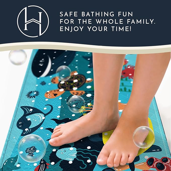 Homerella Baby Bath Tub Mat | Anti Mold Mildew Resistant Non Slip Kids and Adult Bath Tub Shower Mats | 40x16 inch Long with Suction Cups for Secure Grip Hooks for Storage & Drying | Machine Washable