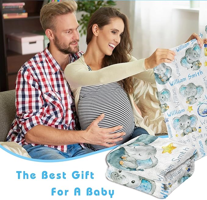 Personalized Elephant Baby Blanket for Boy Girl Custom Name Blanket for Baby Shower Customized Birthday Christmas Newborn Gifts